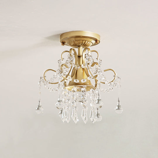 Modern Brass Semi Flush Mount Ceiling Light with Crystal Accent - Curve Arm Design, 1/3 Lights