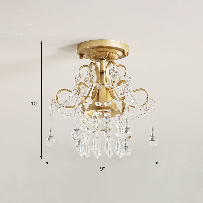 Modern Brass Semi Flush Mount Ceiling Light with Crystal Accent - Curve Arm Design, 1/3 Lights