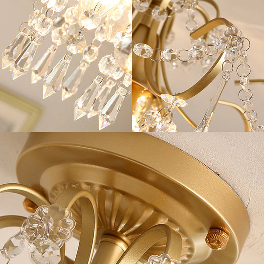 Modern Brass Semi Flush Mount Ceiling Light with Crystal Accent - Curve Arm Design, 1/3 Lights