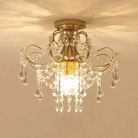 Modern Brass Semi Flush Mount Ceiling Light with Crystal Accent - Curve Arm Design, 1/3 Lights