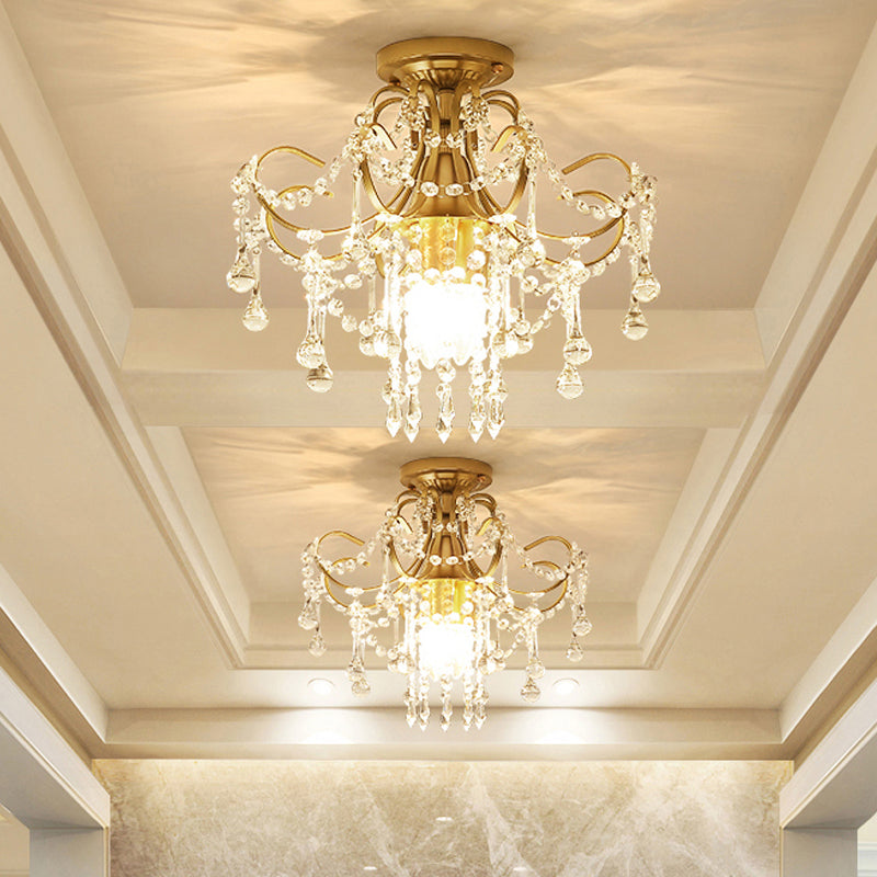 Modern Brass Semi Flush Mount Ceiling Light with Crystal Accent - Curve Arm Design, 1/3 Lights