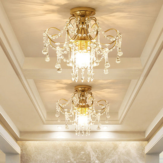 Modern Brass Semi Flush Mount Ceiling Light with Crystal Accent - Curve Arm Design, 1/3 Lights