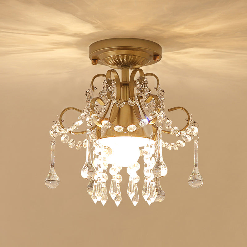 Modern Brass Semi Flush Mount Ceiling Light with Crystal Accent - Curve Arm Design, 1/3 Lights