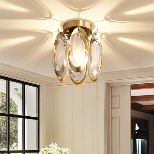 Modern Brass Semi Flush Mount Ceiling Light with Oval Metal and Crystal Accent