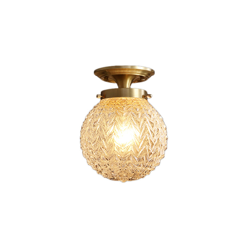 Postmodern Crystal Globe Semi Flush Mount Ceiling Light with Textured Brass Finish