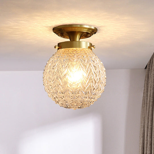 Postmodern Crystal Globe Semi Flush Mount Ceiling Light with Textured Brass Finish