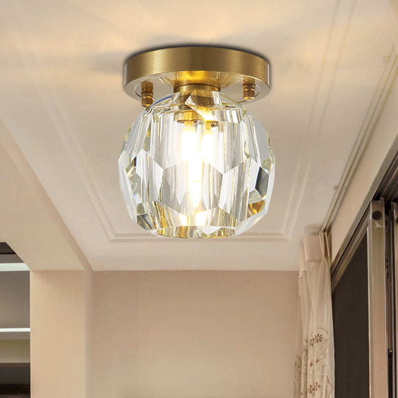 Contemporary Crystal Globe Flush Mount Ceiling Light for Corridor - 1 Light Brass Fixture