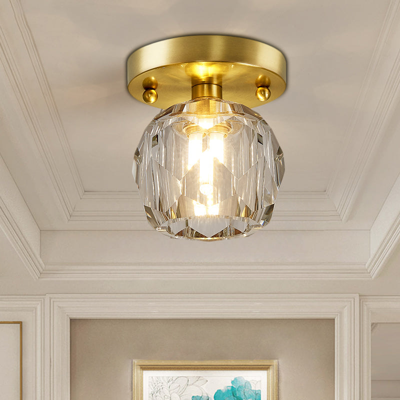 Modern Brass Ceiling Light with Faceted Crystal Globe Shade