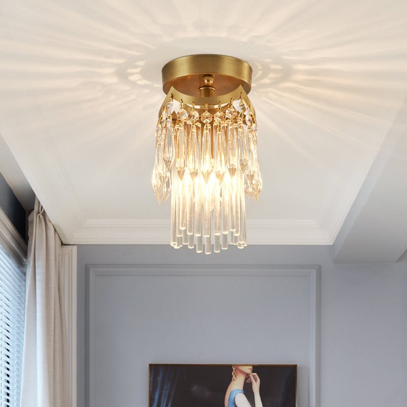 Modern Brass Cylinder Ceiling Light With Crystal Accents - Ideal For Corridor