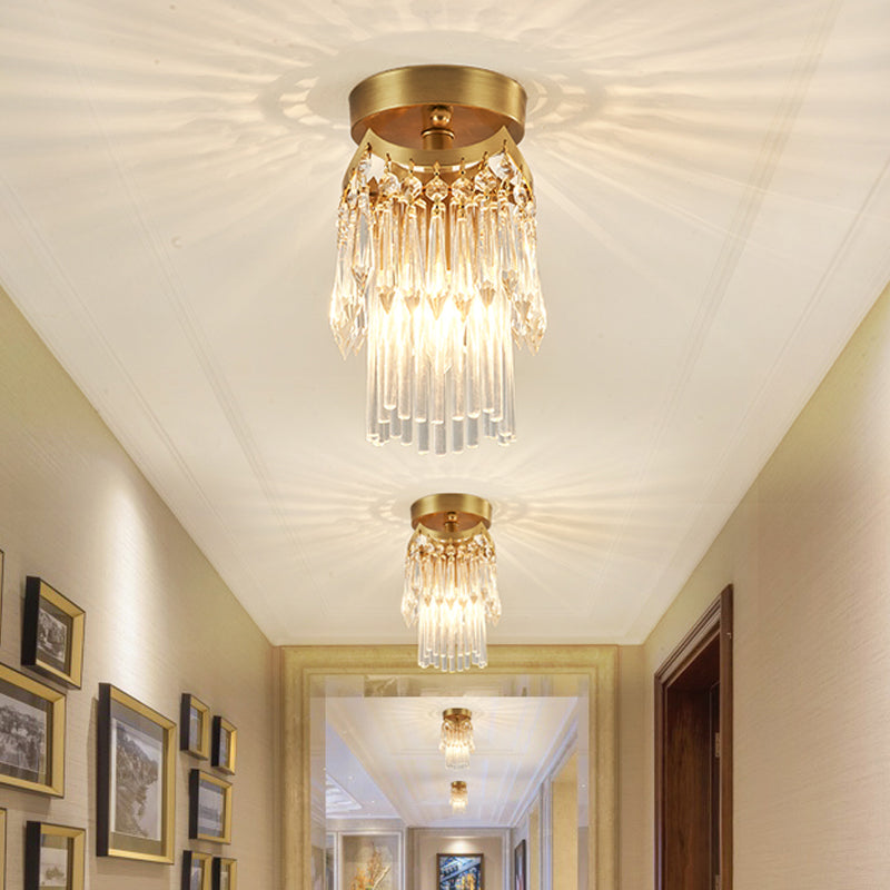 Modern Brass Cylinder Ceiling Light With Crystal Accents - Ideal For Corridor