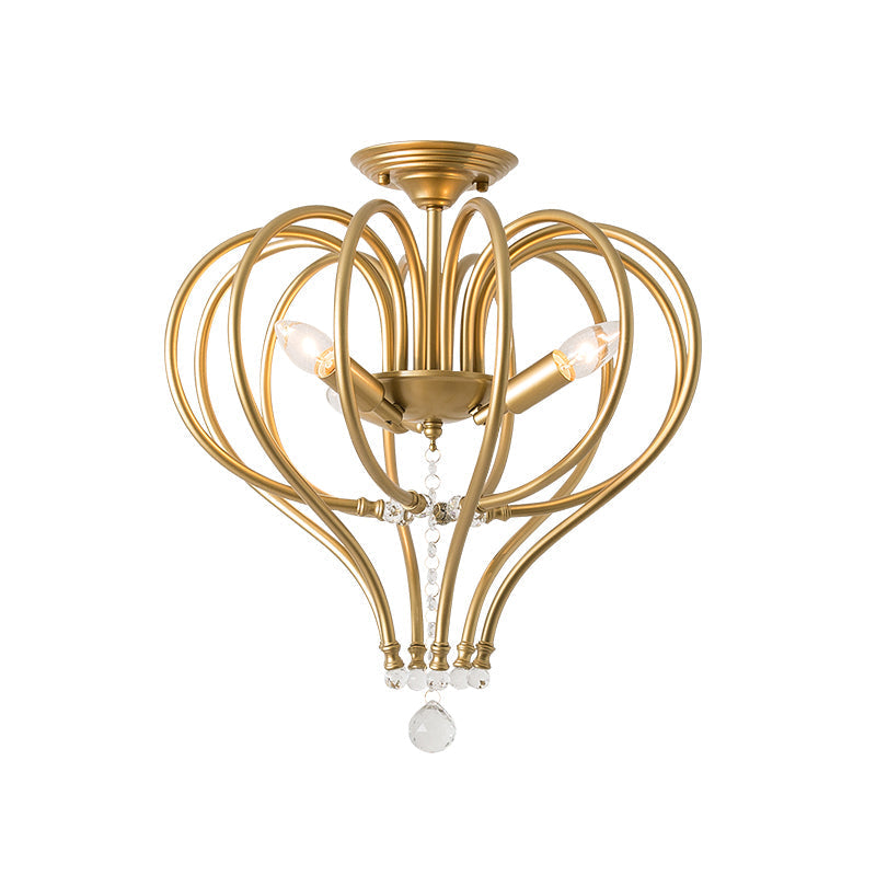 Contemporary Gold Crown Semi Flush Light Fixture - Crystal Drop, 3 Lights