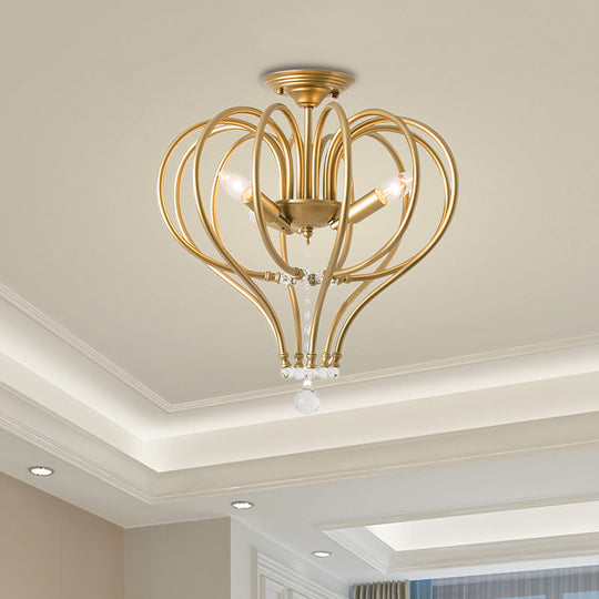 Contemporary Gold Crown Semi Flush Light Fixture - Crystal Drop 3 Lights