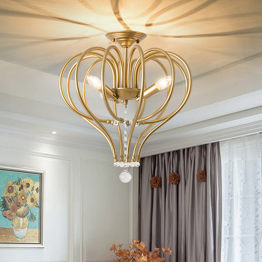 Contemporary Gold Crown Semi Flush Light Fixture - Crystal Drop, 3 Lights