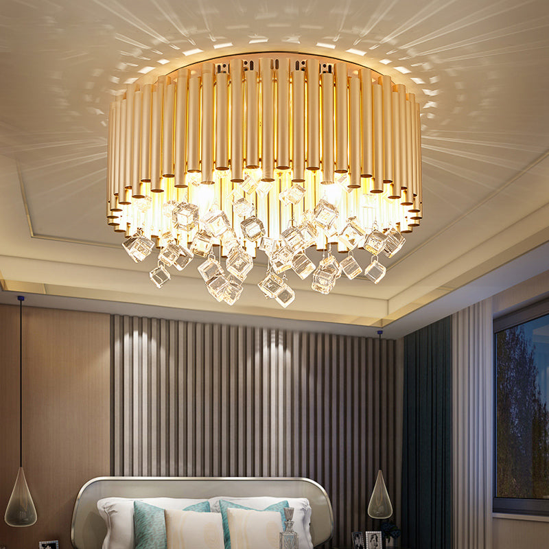 Modern Brass Ceiling Lamp With Metal Flute Shade And Crystal Drop - Drum Flush Light (4/5 Lights)