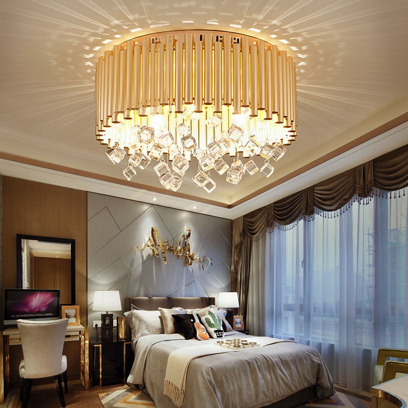 Modern Brass Ceiling Lamp With Metal Flute Shade And Crystal Drop - Drum Flush Light (4/5 Lights)