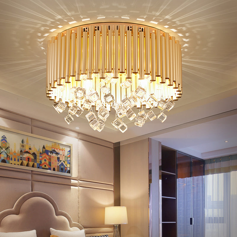 Modern Brass Ceiling Lamp With Metal Flute Shade And Crystal Drop - Drum Flush Light (4/5 Lights)