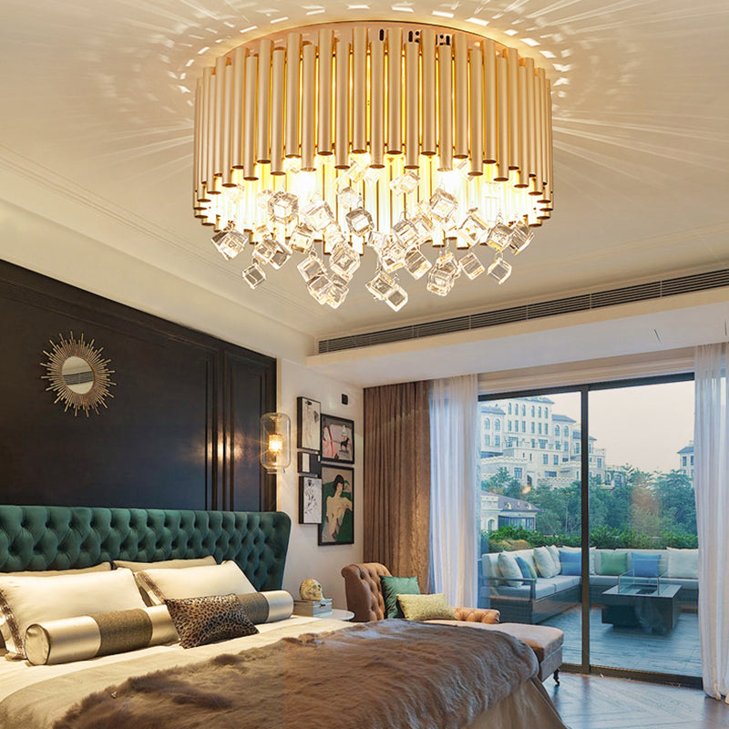 Modern Brass Ceiling Lamp with Metal Flute Shade and Crystal Drop - Drum Flush Light (4/5 Lights) - 16"/19.5" Dia