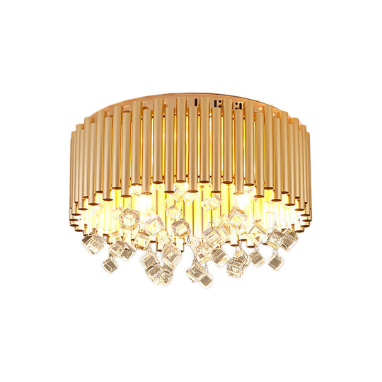 Modern Brass Ceiling Lamp with Metal Flute Shade and Crystal Drop - Drum Flush Light (4/5 Lights) - 16"/19.5" Dia