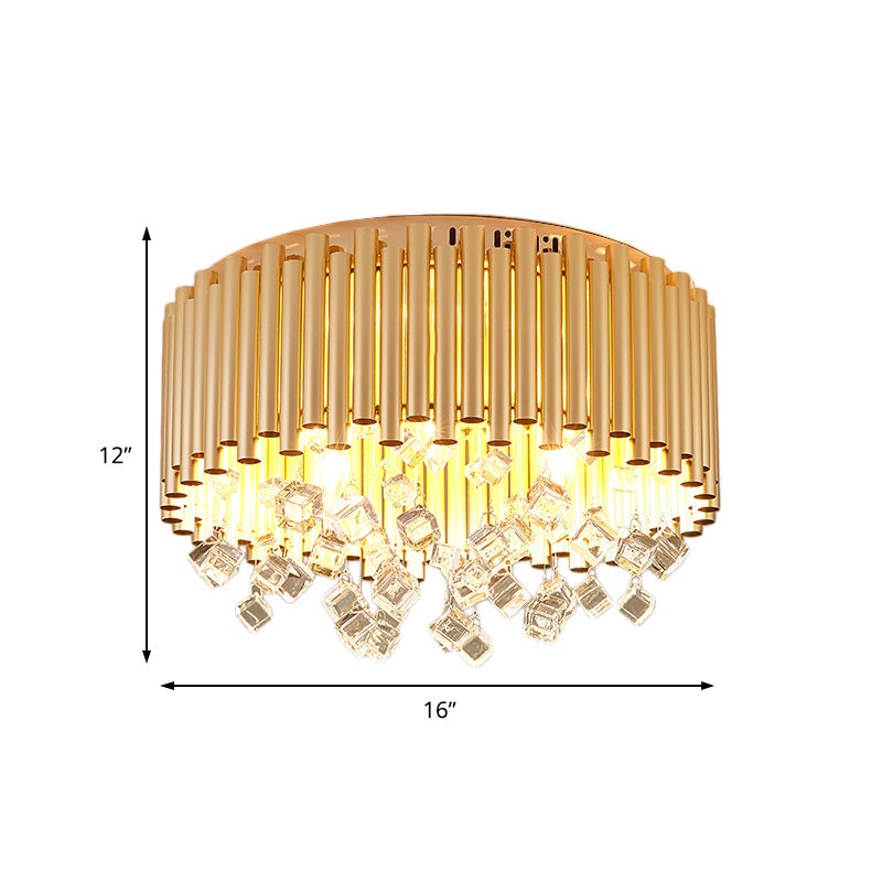 Modern Brass Ceiling Lamp with Metal Flute Shade and Crystal Drop - Drum Flush Light (4/5 Lights) - 16"/19.5" Dia