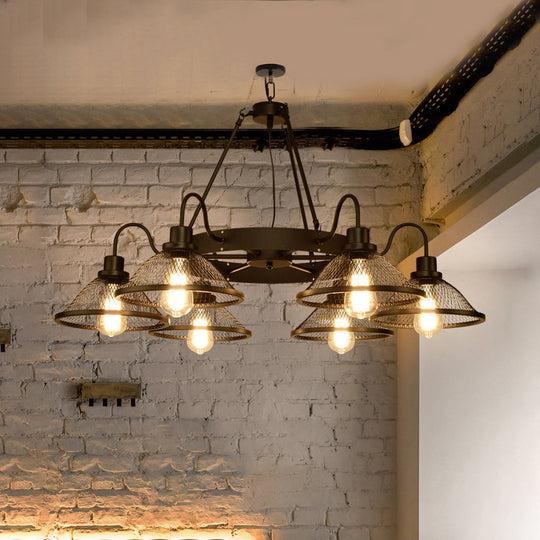 Industrial Black Wire Mesh Chandelier - 6/8-Light Flared Ceiling Light for Restaurant