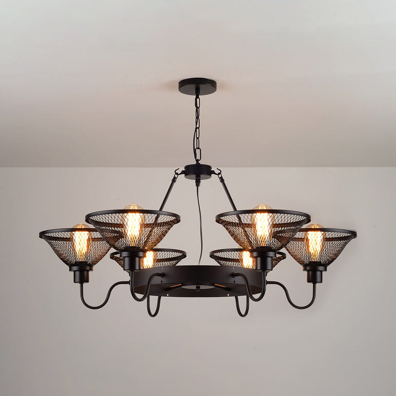 Industrial Black Metal Chandelier With Flared Wire Mesh Shade - 6/8-Light Ceiling Light For