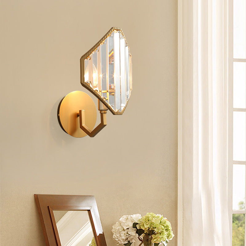 Brass Rhombus Wall Sconce With Clear Crystal Prism - Contemporary 1-Light Metal Lamp