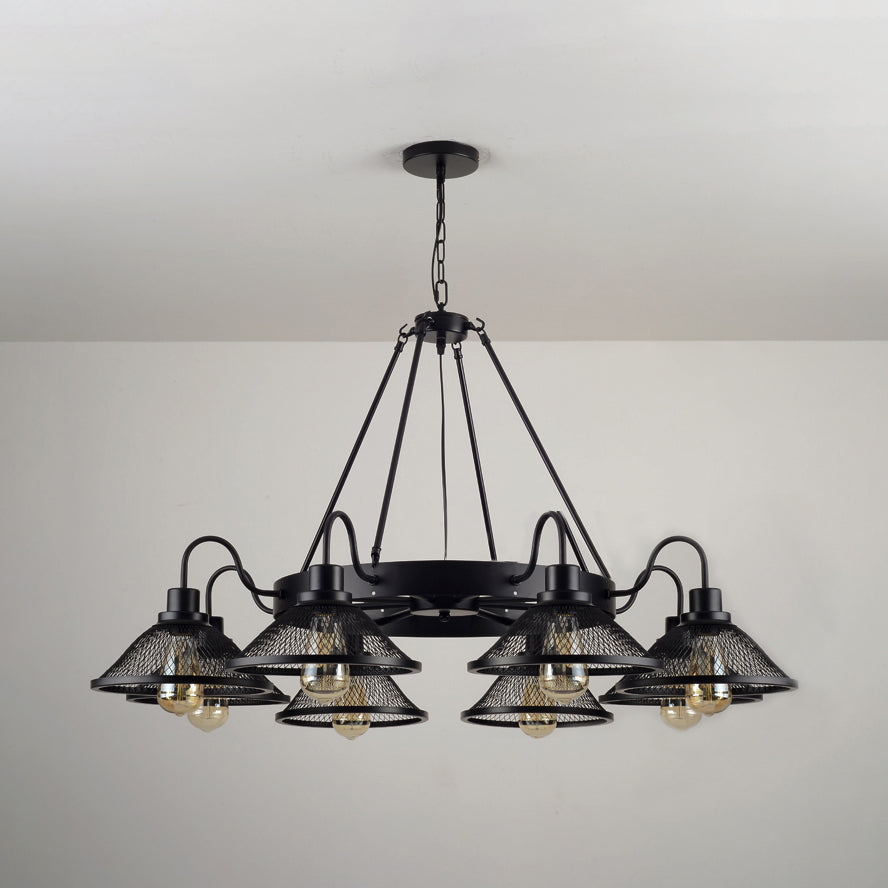 Industrial Black Metal Chandelier With Flared Wire Mesh Shade - 6/8-Light Ceiling Light For