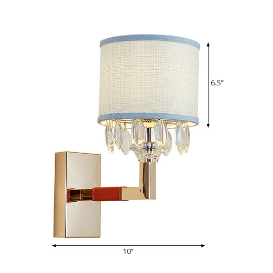 Contemporary Gold Drum Fabric Shade Wall Sconce With Crystal Deco - 1 Bulb Light