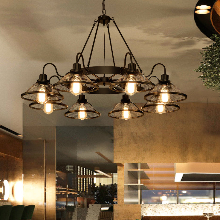 Industrial Black Metal Chandelier With Flared Wire Mesh Shade - 6/8-Light Ceiling Light For