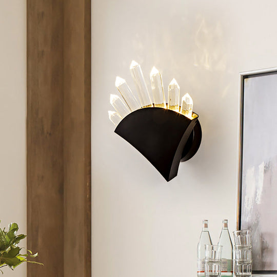 Contemporary Black Fan Wall Light Fixture - Metal Sconce With Clear Crystal Prism 1/2-Light