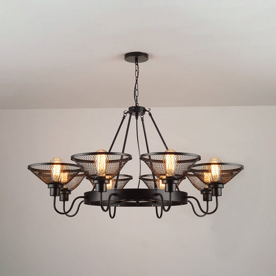 Industrial Black Metal Chandelier With Flared Wire Mesh Shade - 6/8-Light Ceiling Light For