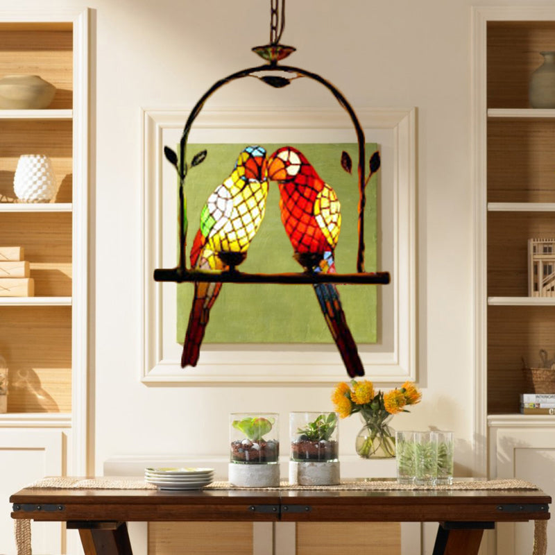 Stylish Tiffany Parrot Pendant Lamp - Stainless Glass 2 Lights Red/Red And Yellow Hanging Ceiling