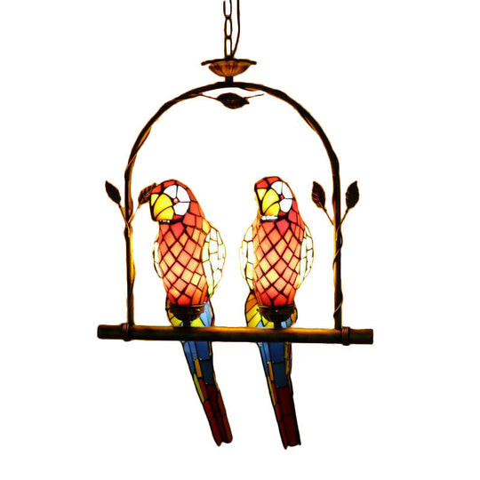 Stylish Parrot Tiffany Pendant Lamp with Hanging Perch Swing and 2 Red/Red & Yellow Lights