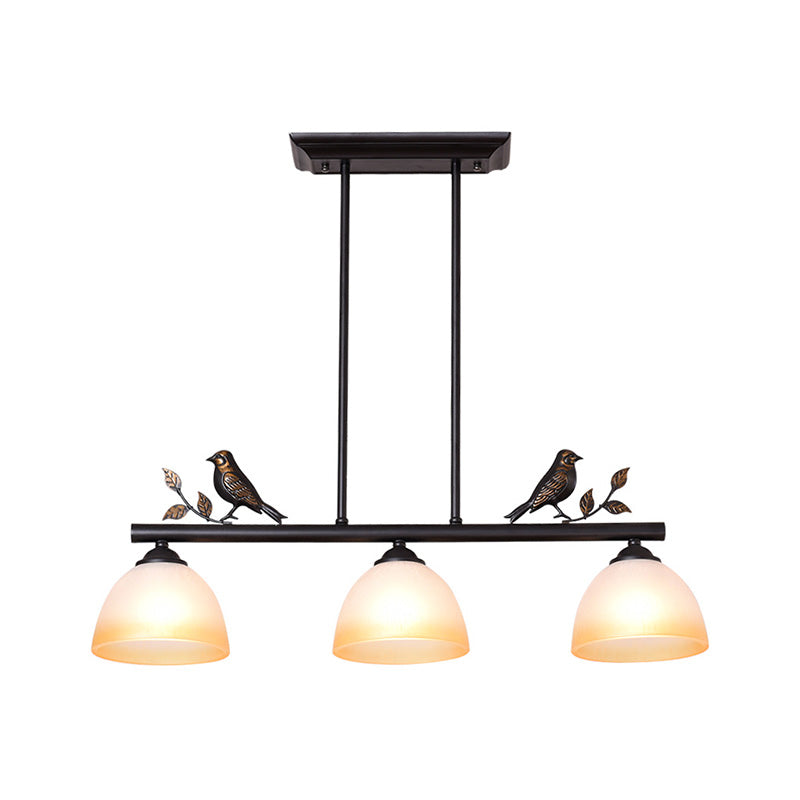 Traditional White Glass Barrel Pendant Light With Birds - 3-Light Black Dining Room Island Fixture