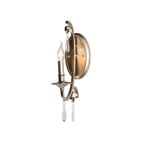 French Country Bedroom Wall Lamp - Brass Finish Sconce Light With Crystal Accent