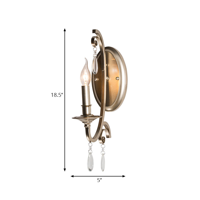 French Country Bedroom Wall Lamp - Brass Finish Sconce Light With Crystal Accent