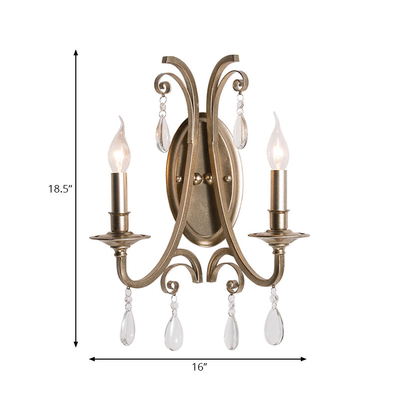 French Country Bedroom Wall Lamp - Brass Finish Sconce Light With Crystal Accent