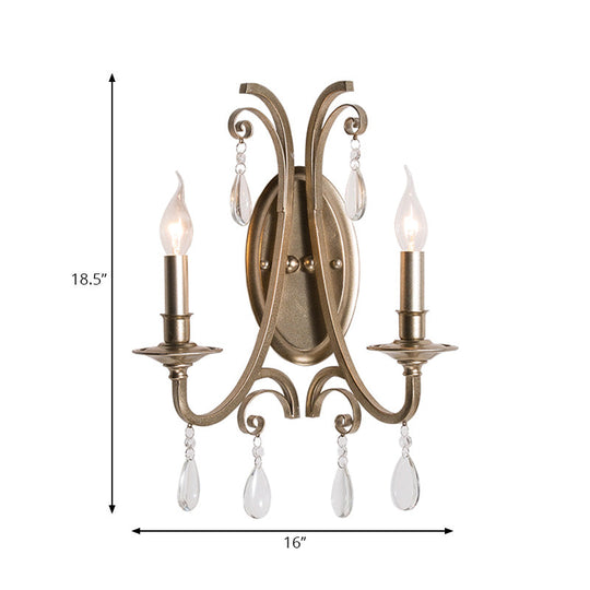 French Country Bedroom Wall Lamp - Brass Finish Sconce Light With Crystal Accent