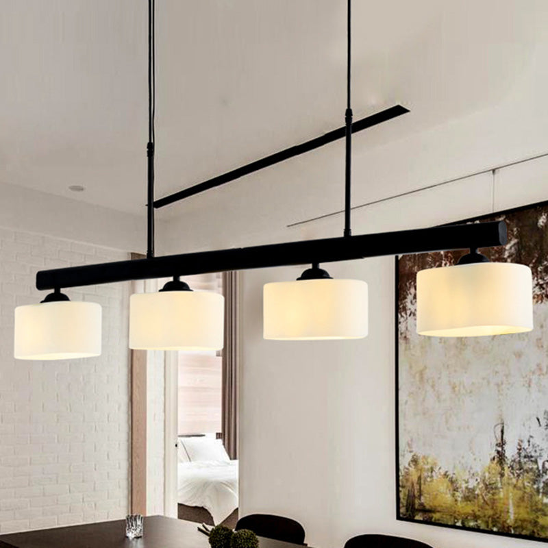 4-Light Traditional Drum Island Pendant In Black For Dining Room With White Glass Shades