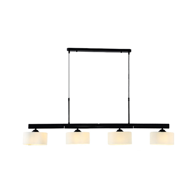 4-Light Traditional Drum Island Pendant In Black For Dining Room With White Glass Shades