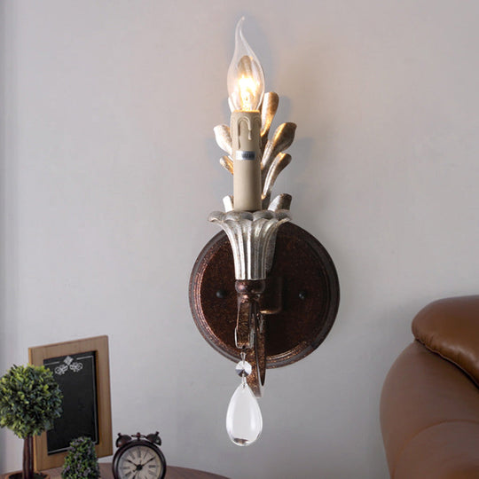 Vintage Candle Sconce With Crystal Teardrops - Rust Wall Mount Light