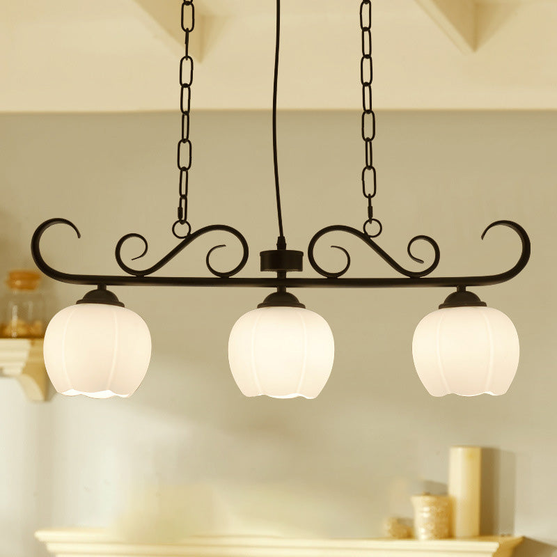 Traditional Black Flower Island Lighting Fixture With Milky Glass - 3 Bulbs Dining Room Pendant