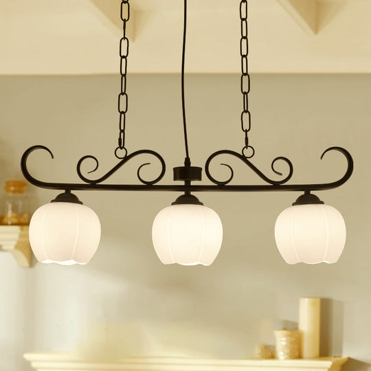 Traditional Black Flower Island Lighting Fixture With Milky Glass - 3 Bulbs Dining Room Pendant