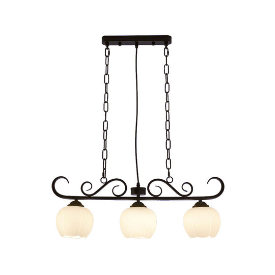 Traditional Black Flower Island Lighting Fixture With Milky Glass - 3 Bulbs Dining Room Pendant