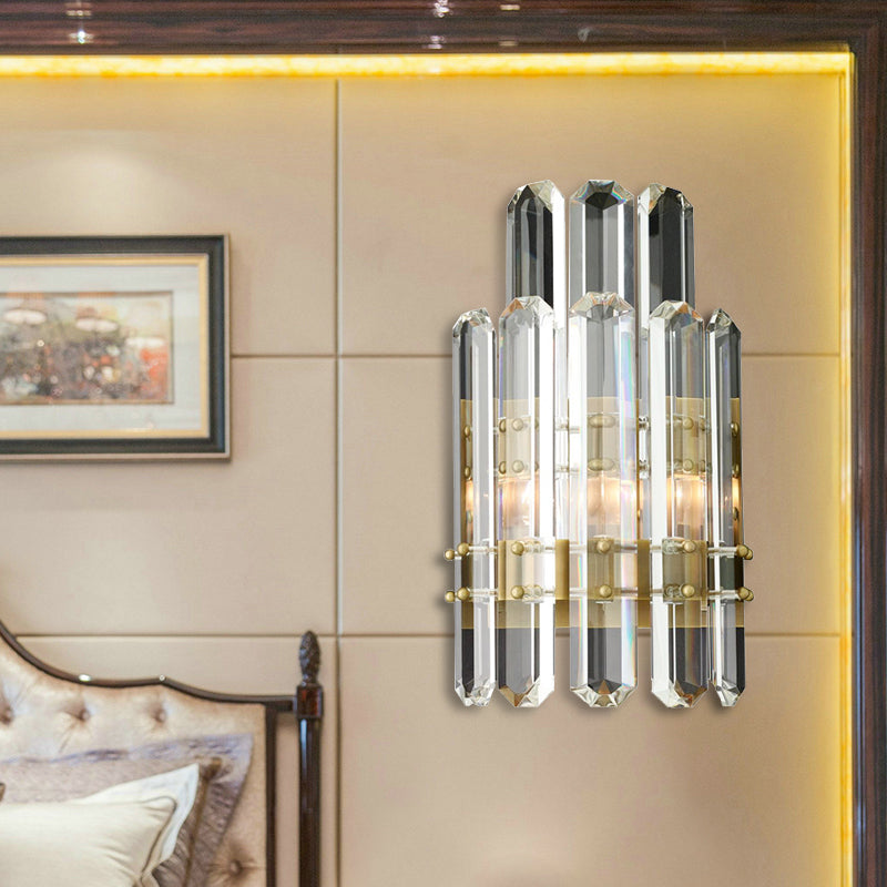 Contemporary Chrome/Gold Wall Sconce With Clear Crystal Prism - Elegant Bedside Mounted Lamp