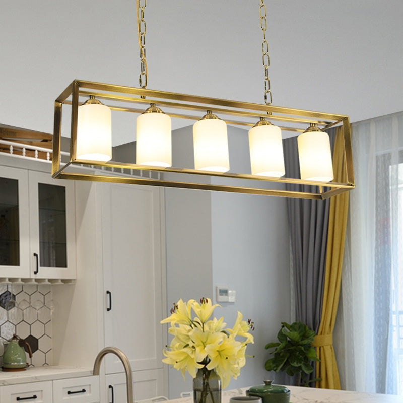 Traditional Black/Brass Island Pendant Light With Opal Glass - 5/6 Lights 5 / Brass