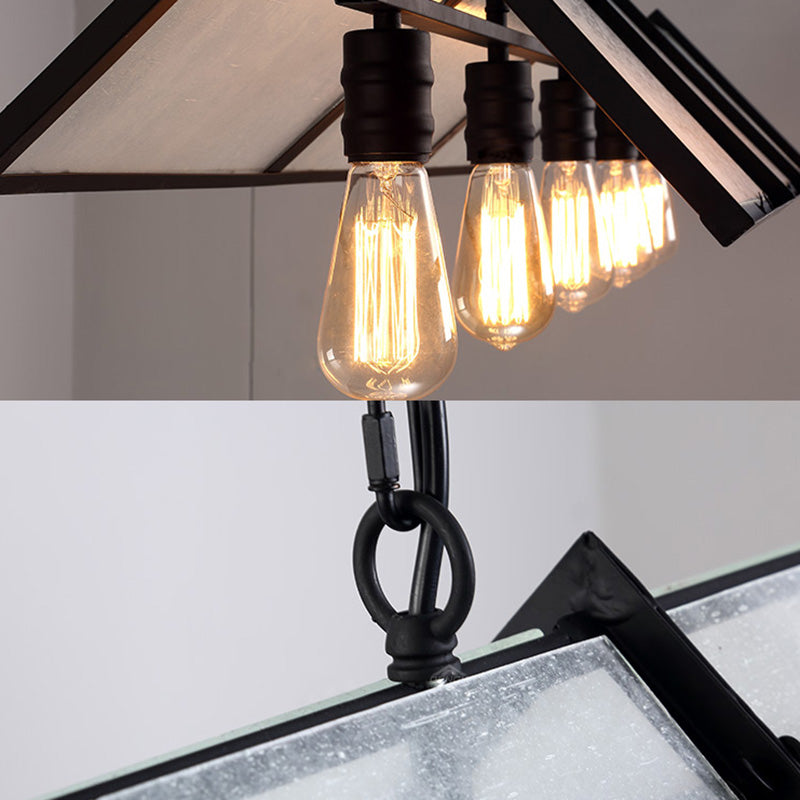 Classic Black Island Lamp - 3/5 Light Ceiling Hanging Fixture With Exposed Bulbs & Frosted Glass