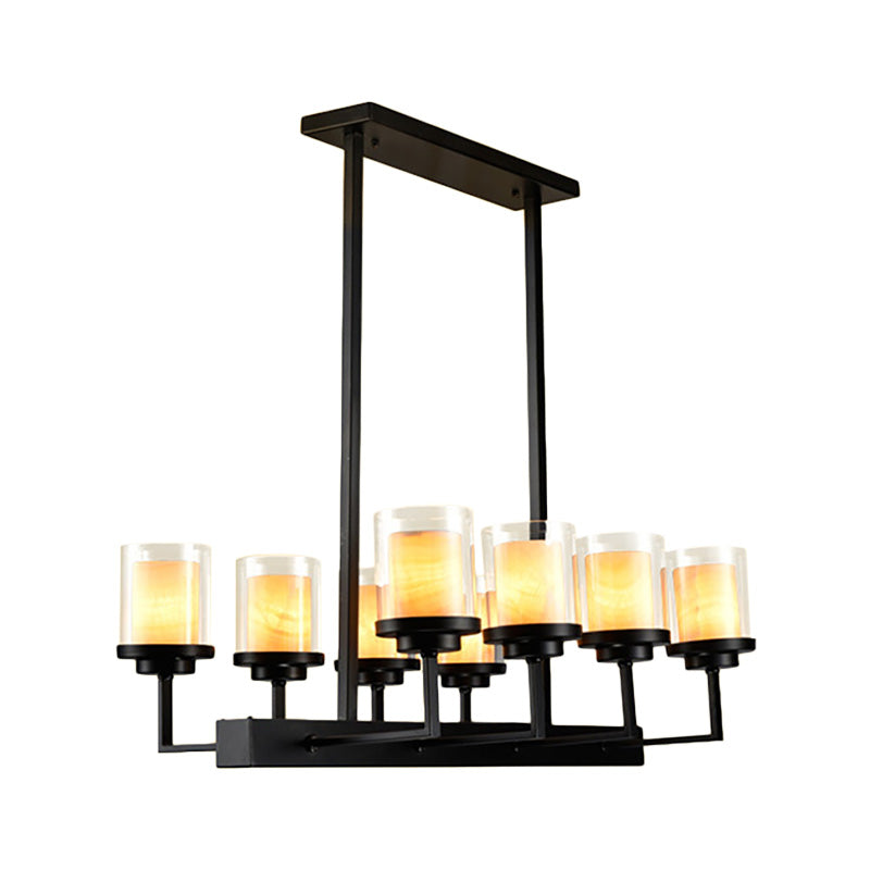 Traditional Black Cylinder Island Pendant Light With 8/12 Clear Glass Bulbs - Dining Room Lighting