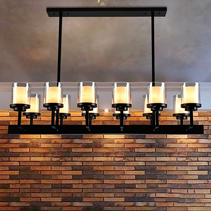 Traditional Black Cylinder Island Pendant Light With 8/12 Clear Glass Bulbs - Dining Room Lighting