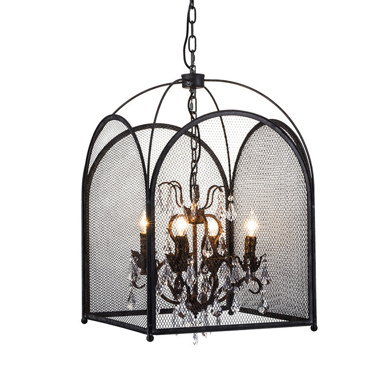 Lustre cage en maille noire moderne avec accents en cristal - Kit d'éclairage suspendu à 4 têtes pour salon